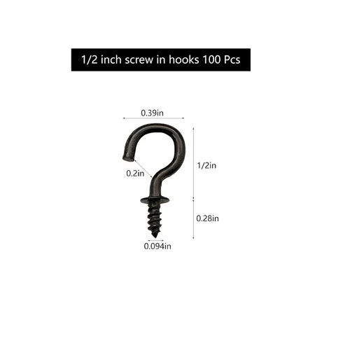Miniatura 2 de 100 ganchos de tornillo pequeños de 1/2 pulgada, ganchos de joyería para techo, gancho de cadena de luces, color negro
