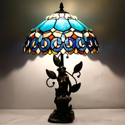 Miniatura 7 de Tiffany - Lámpara de mesa con vitrales, 12 x 12 x 18.5 pulgadas, escultura de resina, luz de lectura antigua (joyería azul barroco) Escultura