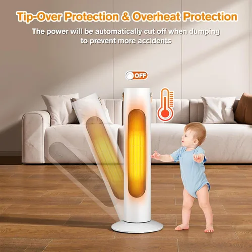 Miniatura 6 de Calentadores eléctricos para uso en interiores, 25 pulgadas, calentador de torre 2 en 1 y ventilador, oscilación de 70°, calentamiento instantáneo