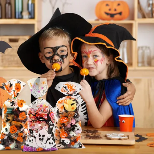 Miniatura 7 de LOMIMOS 150 bolsas de dulces de celofán de Halloween, bolsas de plástico transparente con 300 lazos giratorios para aperitivos, galletas