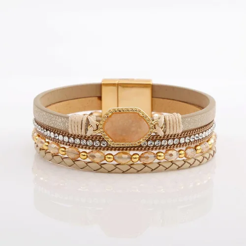 Miniatura 5 de Jewbelet - Pulsera de cuero estilo bohemio con cuentas de cristal con cierre de joyería para mujer