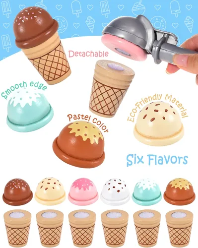 Miniatura 4 de Juguetes de helado de madera para niños, tienda de juegos de cocina para niños pequeños, accesorios de cocina con cucharada, menú y dinero falso