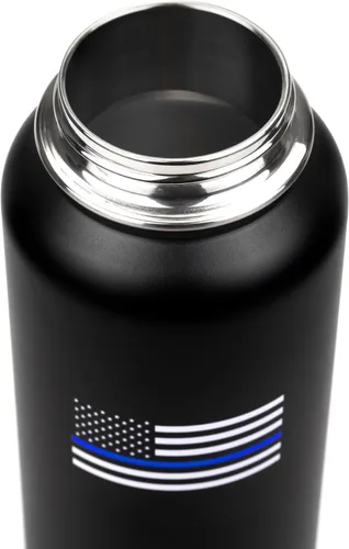 Miniatura 5 de Botella de agua aislada, negro, acero inoxidable, 32 onzas, diseño de bandera estadounidense de línea azul fina, boca ancha