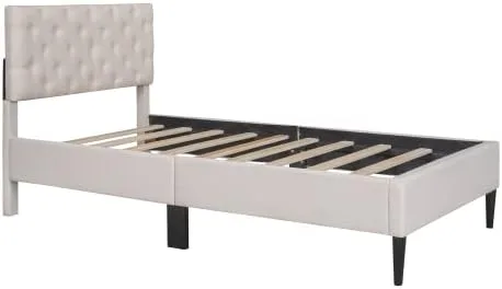 Miniatura 7 de Marco de cama de plataforma de tamaño individual, marco de cama tapizado de lino de diseño moderno con cabecera copetuda, cama de almacenamiento