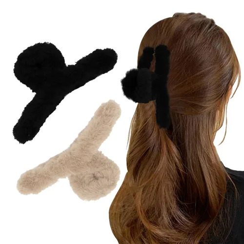 2 pinzas peludas para el cabello de felpa para cabello grueso y delgado, pinzas grandes antideslizantes de pelo sintético para mujeres (negro,