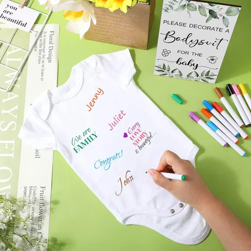 Miniatura 5 de Handepo Juego de 26 piezas para baby shower, 1 cartel de madera, 15 mamelucos blancos, 10 marcadores de tela para kit de decoración de nacimiento