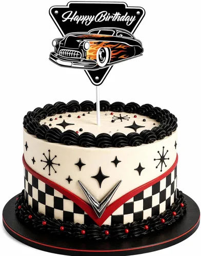 All Things Rockabilly Hot Rod - Decoración para pastel de cumpleaños – Decoración clásica de fiesta de coche – Decoración de pastel de coche vintage