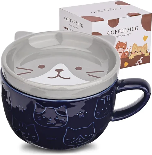 Linda Taza de Cerámica para Gatos con Tapa, Tazas de Café Kawaii o Tazas de Té para Amantes de los Gatos, Tazas Divertidas de Novedad para el