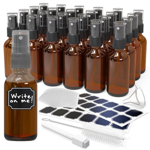 evlers Amber - Botella de vidrio en aerosol de 2 onzas | Las botellas de vidrio de niebla ámbar incluyen pulverizadores y un embudo y un cepillo con