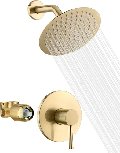 sumerain Juego de grifo de ducha dorado cepillado con cabezal de ducha de lluvia de acero inoxidable de 8 pulgadas, válvula de entrada de latón Oro