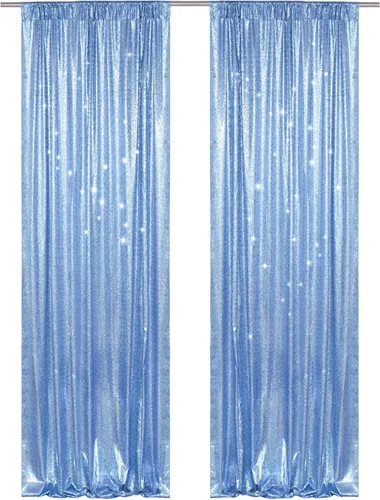 PartyDelight Cortinas de fondo de lentejuelas color azul bebé, 2 paneles de 2 x 8 pies, alta densidad de 0.118 in, fondo de lentejuelas brillantes,