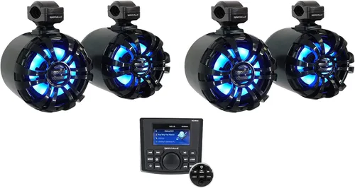 Rockville Paquete RGHR45: Receptor de 4 zonas de calibre marino con Bluetooth, control remoto con cable, (2) pares WB65KLED negro de 6.5 pulgadas