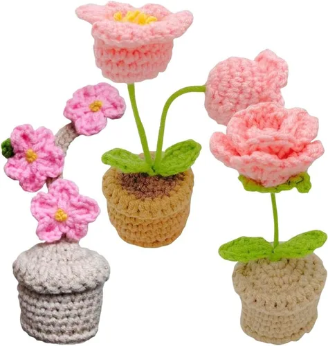Miniatura 12 de JOONOR 3 piezas de mini tulipanes de ganchillo en maceta, flor de soplo de rosa falsa de punto para baño, hogar, cocina, mesa rústica, centro