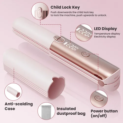 Miniatura 5 de CHIKYO Plancha de pelo inalámbrica 2 en 1, rizador portátil sobre la marcha, banco de energía portátil, 7 temperaturas, pantalla LED, mini plancha