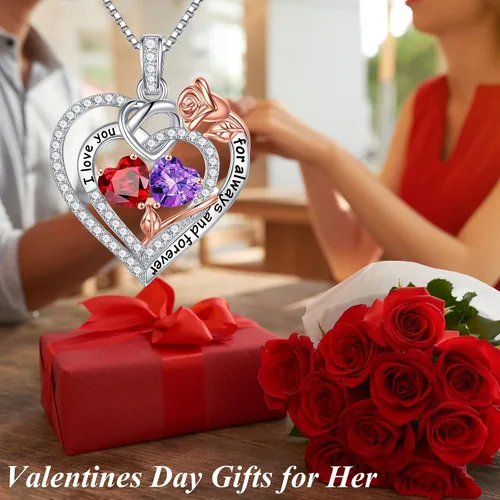 Miniatura 7 de Iefil Collares de corazón de rosa, regalos para ella, collar de plata de ley 925 con piedra natal, regalos de aniversario de cumpleaños