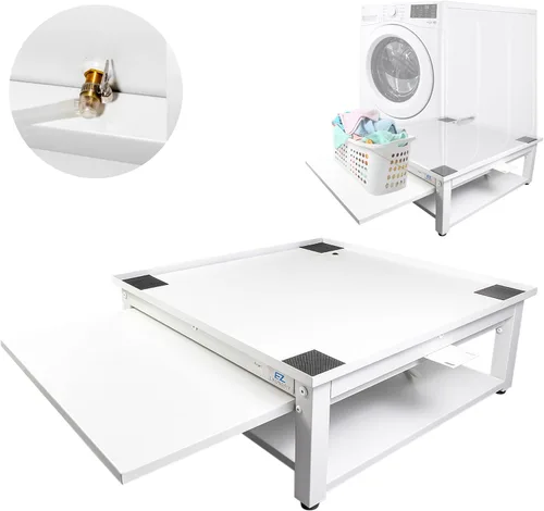 Pedestal para lavadora y secadora con estante extraíble, 28 pulgadas de ancho, 10 pulgadas de alto, acero blanco, ajuste universal con las Blanco