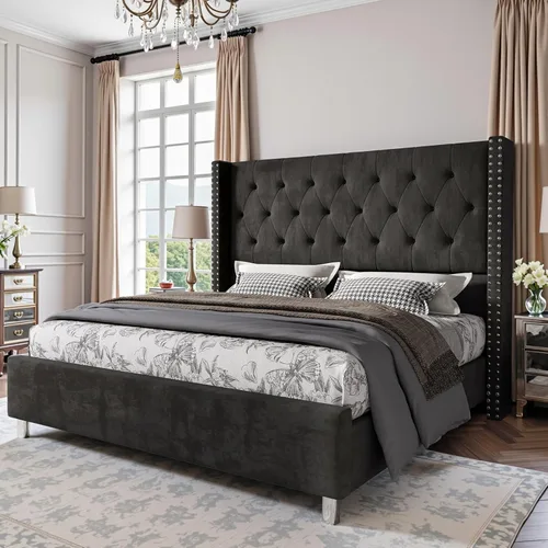 PaPaJet Marco de Cama Queen Tapizado con Cabecera Alta, Cama de Plataforma Wingback, Terciopelo Capitoné de Perfil Bajo, No Necesita Somier, Fácil