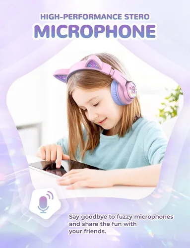 Miniatura 7 de iClever Cat Ear - Auriculares Bluetooth para niños, luces LED que se iluminan, volumen seguro limitado de 74/85 dBA, tiempo de reproducción de 50