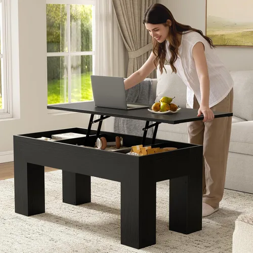 Miniatura 4 de FABATO Mesa auxiliar elevable de 41.7 pulgadas, mesa auxiliar rectangular de madera con almacenamiento oculto, mesa central grande de altura