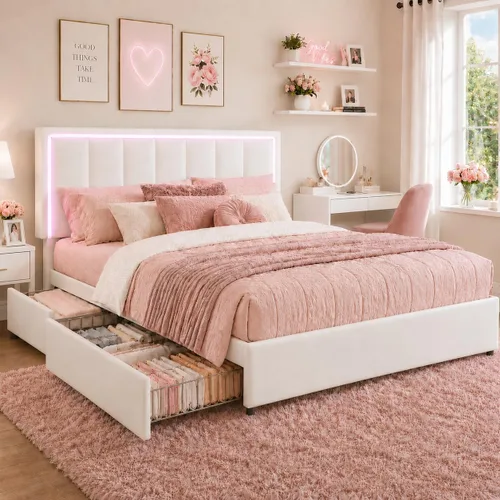 Miniatura 13 de IMMERSTABLE Base de cama tamaño Queen con cabecero y 4 cajones de almacenamiento, plataforma tapizada de piel sintética con luces LED, listones