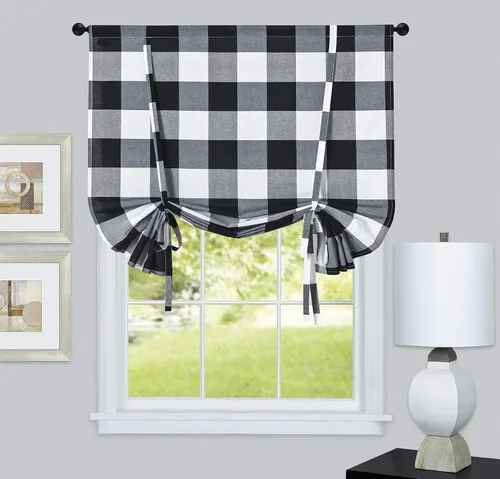 GoodGram Country Lodge Farmhouse Buffalo Check - Cortinas de ventana con diseño de cuadros y lazos, varios colores (negro)