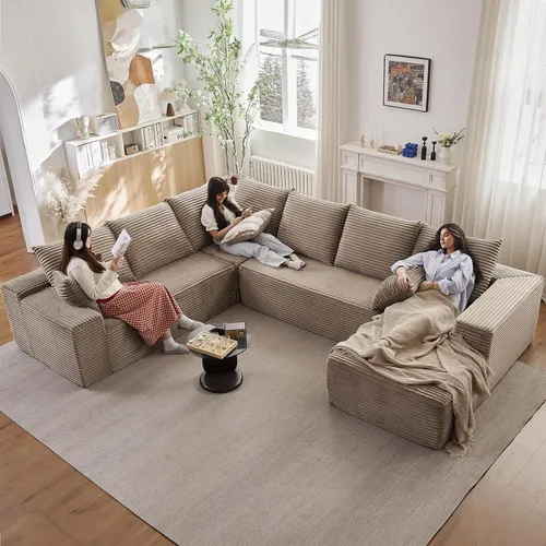 Miniatura 43 de Sofá modular de 95 pulgadas con otomana, moderno sofá nube de pana con asiento profundo, sofá sin hueso tapizado de 3 plazas en forma de U para sala