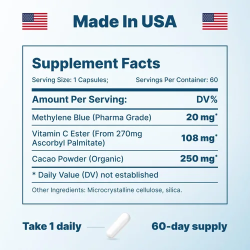 Miniatura 6 de Ultimate Methylene Blue Cápsulas para humanos 20 mg – Combustible de enfoque y vitaminas de memoria Grado farmacéutico de metileno azul 2%