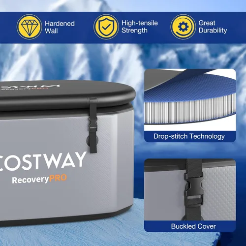 Miniatura 5 de COSTWAY XL - Bañera de hielo ovalada de 129 galones con tapa, bañera inflable portátil para exteriores con mochila, bomba, para frío y terapia, Gris