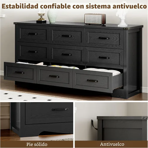 Miniatura 6 de BORNOON - Cómoda de 9 cajones para el dormitorio, cómoda de madera moderna con manijas de metal, diseño antivuelco, organizador de almacenamiento