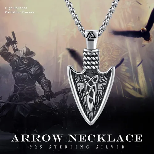 Miniatura 5 de CUOKA MIRACLE Collar vikingo de punta de flecha de plata de ley 25 para hombre, collar vikingo de punta de lanza con nudo celta y flecha