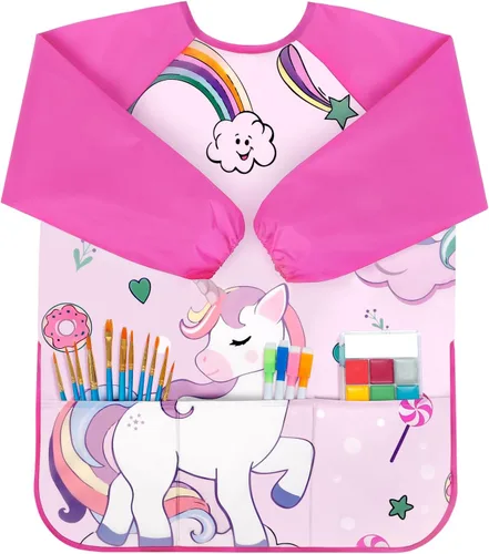 Miniatura 8 de Bassion Kids Art Smock Toddlers Painting Aprons Colorful Waterproof Children Artist Smock with Long Sleeve 3 Roomy Pockets