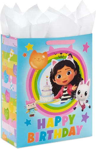 Hallmark Gabby's Dollhouse - Bolsa de regalo de cumpleaños extragrande de 15 pulgadas con papel de seda (arcoíris azul y rosa) para niños, nietos,
