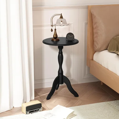 Miniatura 3 de HLR Mesa auxiliar redonda pequeña, mesas auxiliares laterales con pedestal de madera, mesita de noche vintage para sala de estar, dormitorio, Negro