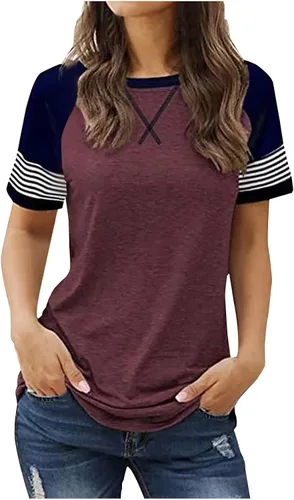 Miniatura 9 de Womens Summer Tops Raglan Short Sleeve Striped T-Shirts Color Block Crewneck Workout Tee Tshirts Loose Fitting Tunics