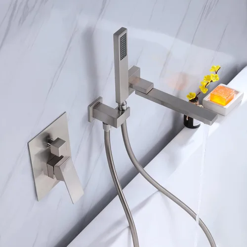 Miniatura 7 de Grifo de bañera montado en la pared con ducha de mano, grifo de ducha de baño de latón macizo de níquel cepillado con boquilla de agua giratoria