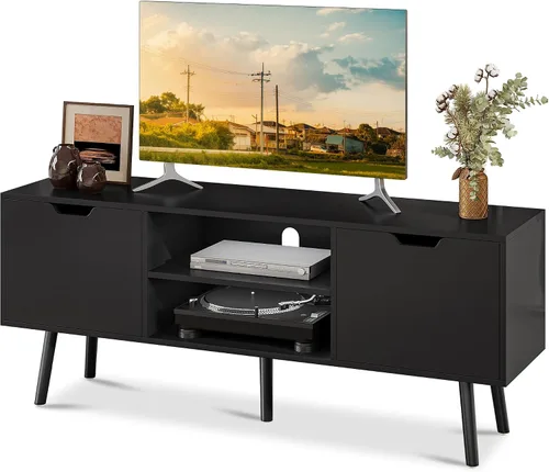 Miniatura 8 de ALINE FURNITURE - Soporte de TV negro para televisores de 50, 55, 60+ pulgadas - Consola multimedia con 2 gabinetes y estantes abiertos, patas