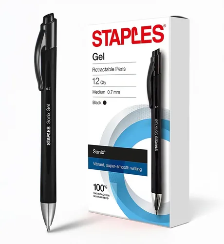 STAPLES Bolígrafos de gel retráctiles, punta media de 0.028 in, tinta negra, paquete de 12 bolígrafos de gel Sonix con clip de bolsillo Negro