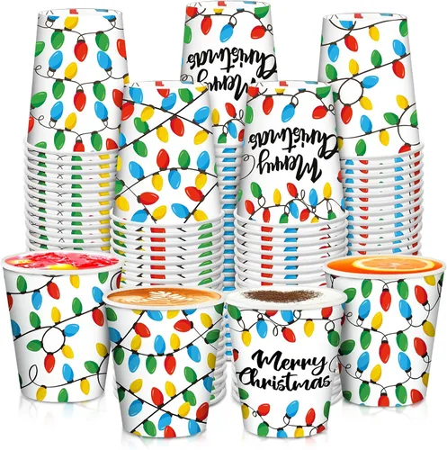 Miniatura 16 de Funtery 100 piezas de vasos de papel de Navidad, vasos de café desechables de Navidad con copos de nieve, muñeco de nieve, alce, luces, 9 onzas