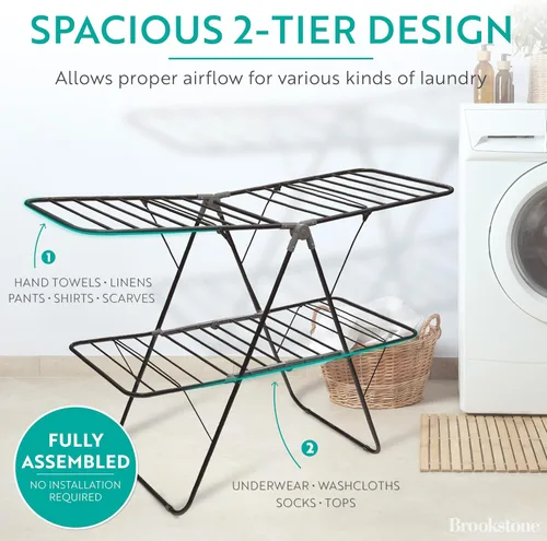 Miniatura 5 de Brookstone Estante plegable de 2 niveles - Soporte plegable para secadora de ropa para interiores y exteriores, estante para ropa o zapatos, Negro