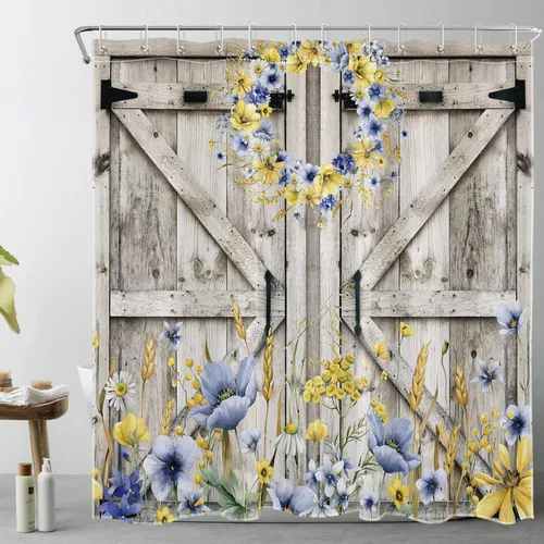 Miniatura 10 de Cortina de ducha con puerta de granero occidental para baño, lavanda púrpura y verde corona de eucalipto en tableros de madera rústica, cortina