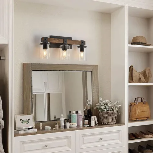 Miniatura 6 de DUJAHMLAND Lámpara de tocador de granja, lámpara de pared de madera de baño de 3 luces sobre espejo con pantalla de vidrio transparente, iluminación