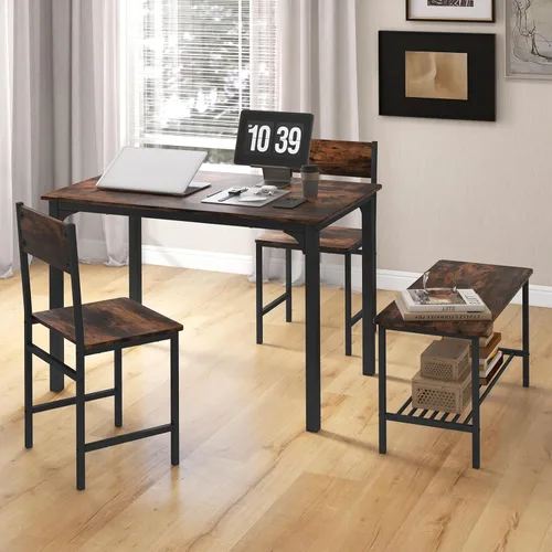 Miniatura 6 de GOFLAME Juego de mesa de comedor de 4 piezas para 4, mesa de cocina industrial con 2 sillas y banco, juego de mesa de desayuno que ahorra espacio