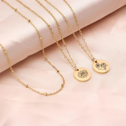 Miniatura 5 de Collar con colgante de flor del mes de nacimiento, chapado en oro de 18 quilates, delicado y sencillo mes de nacimiento, colgante de disco floral