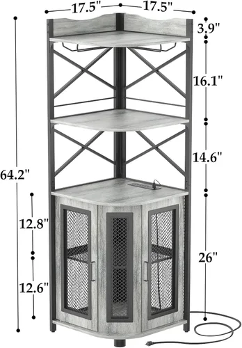 Miniatura 2 de Aheaplus Armario de barra de esquina con toma de corriente, gabinete industrial para vino con tira LED y soporte para vidrio, gabinete de licor de 5