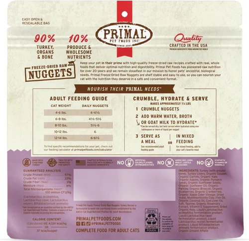 Miniatura 9 de Primal Nuggets de Comida Cruda Liofilizada para Gatos Pavo, Comida Completa y Equilibrada o Topper, Premium, Saludable, Sin Granos, Comida Cruda