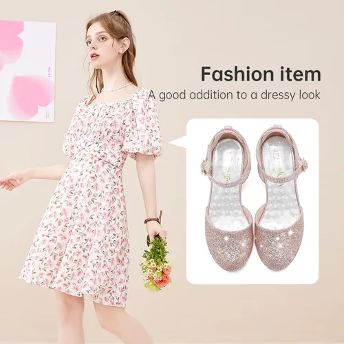 Miniatura 7 de Zapatos de vestir para niñas, puntera cerrada, tacones altos y gruesos, correa para el tobillo, zapatos de tacón para boda y fiesta