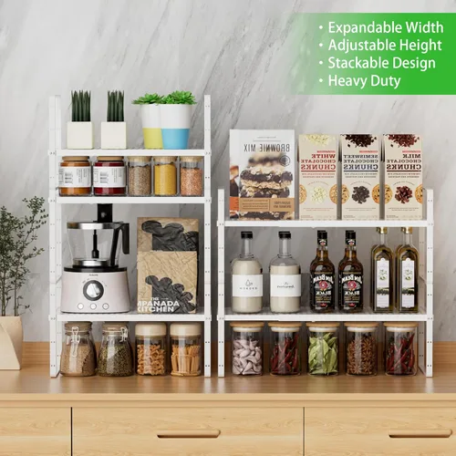 Miniatura 6 de Estante de Almacenamiento de Gabinete Expandible Organizador Apilable para Cocina Baño Despensa Especias Alacena Café Encimera Hogar Oficina Blanco
