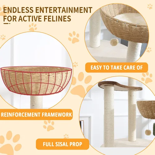 Miniatura 5 de Torre de árbol moderna para gatos de 52 pulgadas para gatos grandes, 3 nidos para gatos tejidos a mano, multinivel, enormes Paws Pals árbol