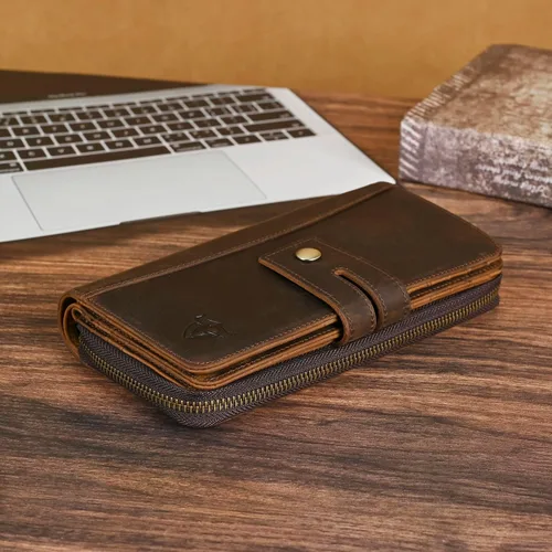 Miniatura 24 de Genuino Caballo Loco Cuero Regalo de Viaje Moneda Bolsillo Tarjetero Organizador Largo Cadena Rfid Cartera Monedero Con Broche Para Hombres Hombres