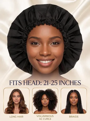Miniatura 2 de Aquior Gorro de ducha para mujer, extra ajustable, doble capa, impermeable, reutilizable, gorra de pelo de tamaño grande para todo el cabello